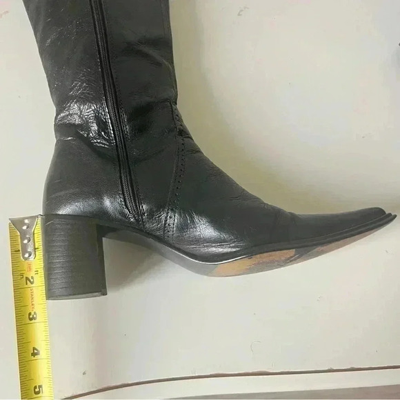 LEATHER BELOW KNEE BLACK HEELED BOOTS ZIPPER CLOSURE BLOCK  HEELS  SIZE 36 - Picture 7 of 12